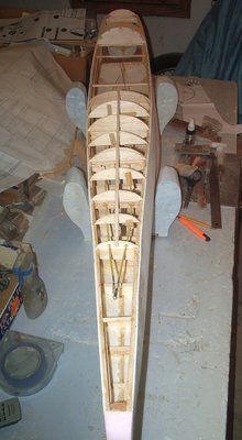 The cables are in and the rudder is connected. Ready for Depron covering. A pink foam tail block is in place and will be shaped later